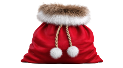 Red sack, rope drawstring, fur trim, pompom, isolated on transparent background