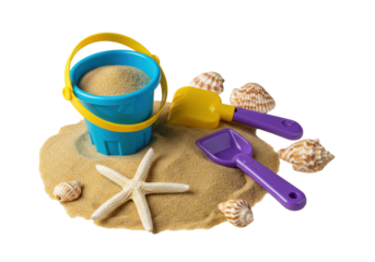 Flat lay of golden play sand, blue toy bucket, purple spade, white starfish, and seashells on a clean light background with negative space, summer leisure and vacation concept