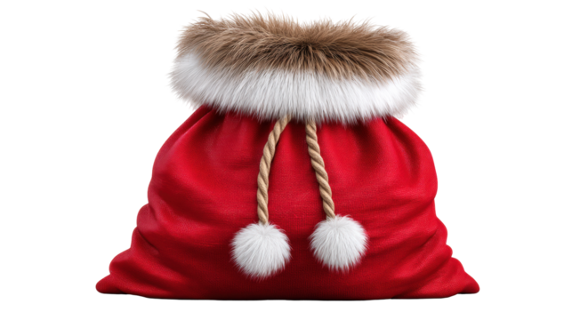 Red sack, rope drawstring, fur trim, pompom, isolated on transparent background - Powered by Adobe