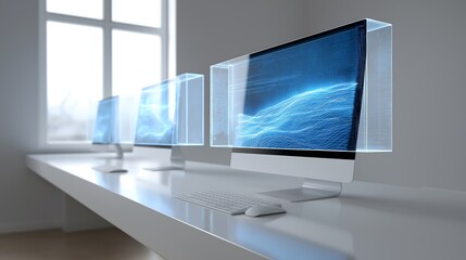 Minimalist workspace with floating transparent computer screens, AI-driven digital productivity concept