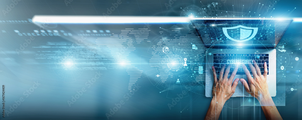 Poster cyber analyst using a laptop with cybersecurity data threat detection, network monitoring, encryptio