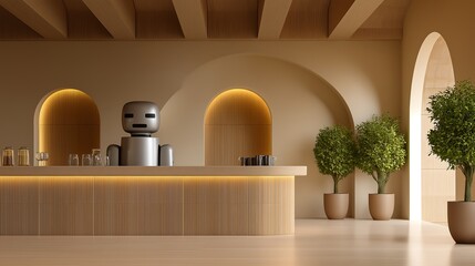 Modern café interior with robotic barista preparing coffee, blend of futuristic and cozy design