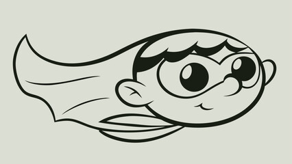 Cartoon illustration of a girl with big eyes and flowing hair in black outline on light background silhouette