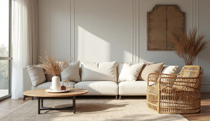 Modern concept of living room interior with design modular sofa, rattan armchair, dried flowers in vase, coffee table, decoration and elegant personal accessories in stylish home decor. Template. 