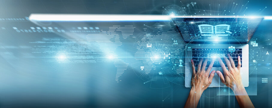 Instructor using a laptop with e-learning data interactive modules, virtual classrooms, student engagement, digital resources, progress tracking, and personalized education.