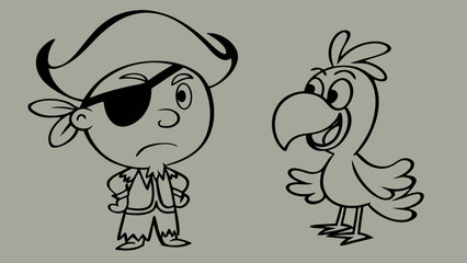 Cartoon drawing of a pirate with an eye patch and a parrot standing next to him in black and white silhouette