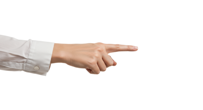 Clean unadorned human hand with light skin and well-maintained nails, neutral sleeve cuff, index finger pointing right on a pure transparent background, shadow-free. Concept of direction and
