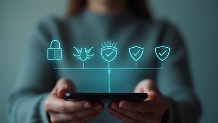 Person holding a smartphone with digital security icons including a padlock bug and shields appearing above the screen representing cybersecurity and data protection