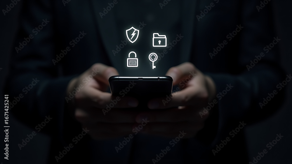 Poster person holding a smartphone with digital security icons floating above representing online safety an