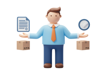 Isolated figure with boxes, clock, and document suggesting successful business solutions