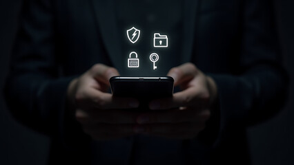 Person holding a smartphone with digital security icons floating above representing online safety and data protection in a dark modern setting