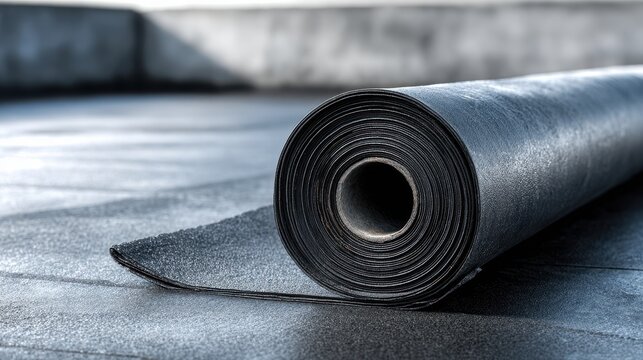 A 4K photo of roll of EPDM rubber material on a modern roof with a slight sheen, waterproofing.