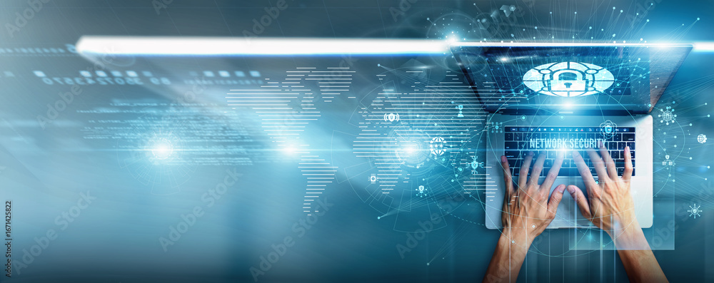Aufkleber cybersecurity expert using a laptop with network security data intrusion detection, firewall setup, 