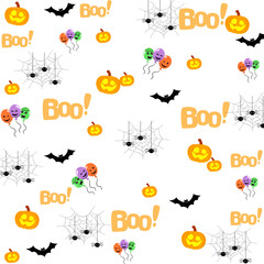Seamless pattern with halloween pumpkin and spider webs and bats