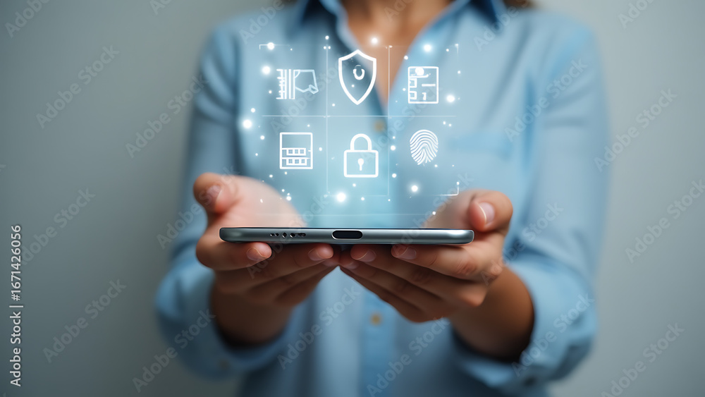 Poster person holding a smartphone with digital security icons floating above representing online protectio