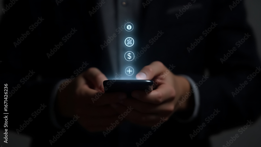 Fototapete close up of a person holding a smartphone with a stream of glowing digital icons and data flowing up