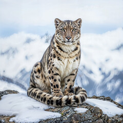 Obraz premium Snow leopard sitting on rocky surface in snowy mountain landscape 