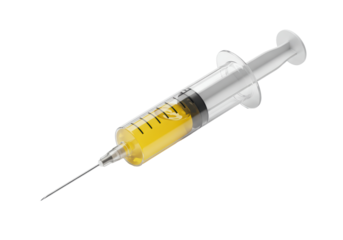 Isolated syringe containing yellow liquid, health care tool for vaccination or injections