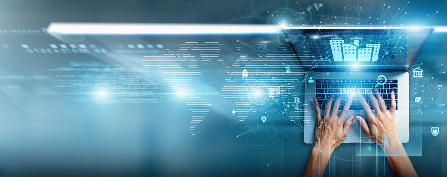 Urban planner using a laptop with smart cities data IoT integration, mobility solutions, energy optimization, real-time monitoring, sustainable infrastructure, and digital governance.