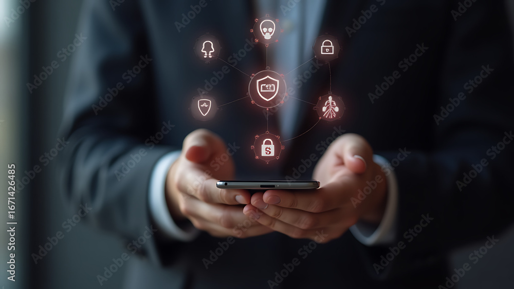 Poster businessman holding a smartphone with a digital security shield and network icons glowing above repr