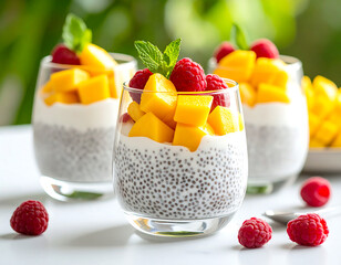 Chia seed pudding with mango and raspberries
