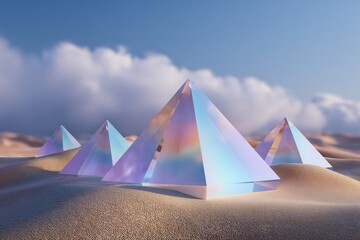 Surreal desert landscape with floating crystal pyramids casting rainbow light, dreamy otherworldly aesthetic