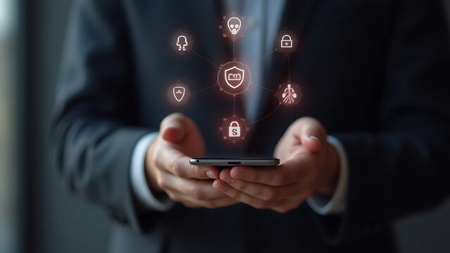 Businessman holding a smartphone with a digital security shield and network icons glowing above representing cybersecurity and data protection in a modern business context