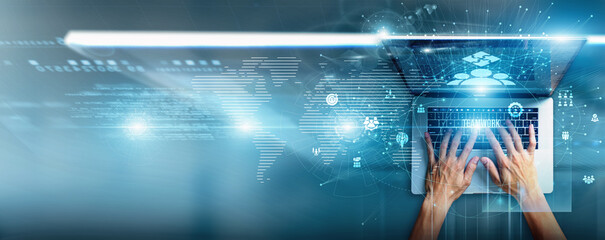 Team leader using laptop with teamwork data collaboration reports, task allocation, performance metrics, communication workflows, project outcomes, and productivity tracking.