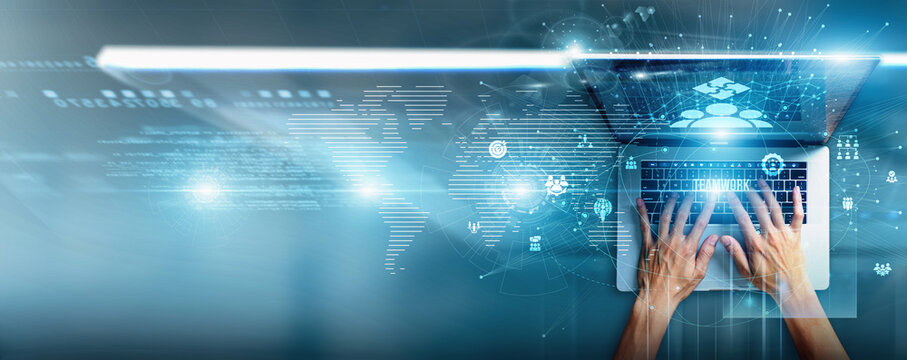 Team leader using laptop with teamwork data collaboration reports, task allocation, performance metrics, communication workflows, project outcomes, and productivity tracking.