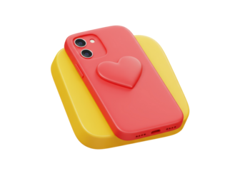 Isolated red smartphone with heart design resting on yellow wireless charger, love theme