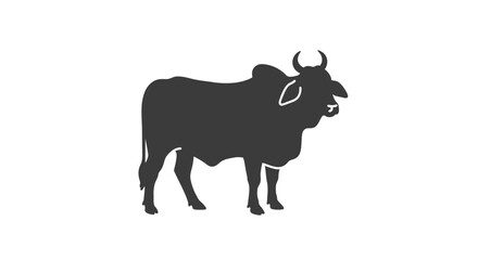 A dark grey silhouette of a zebu cow standing with its head turned slightly to the right against a white background