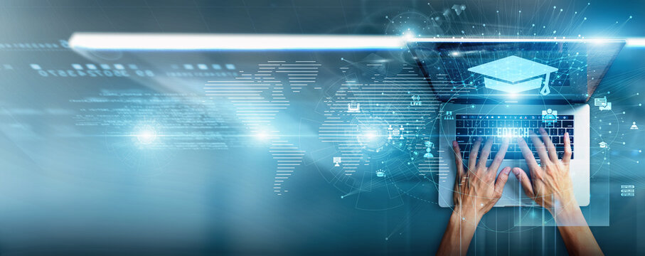 Educator using a laptop with EdTech data e-learning platforms, digital classrooms, gamified content, remote collaboration, analytics dashboards, and interactive student engagement.