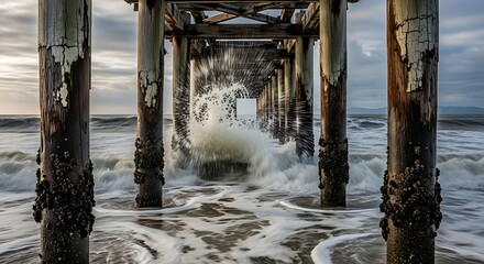 Crashing Waves Underneath an Old Wooden Pier.