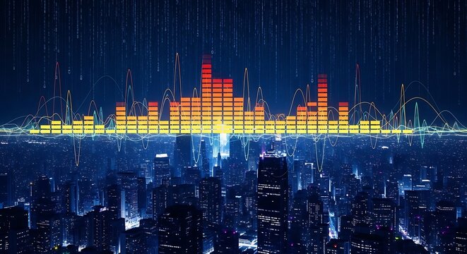 Digital Cityscape with Sound Wave Visualization.