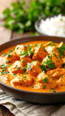 Chicken curry in bowl with rice