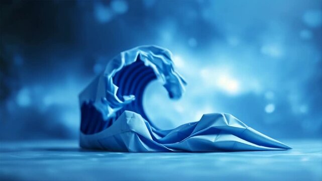 Origami water with blue blurred background. Fresh energy and dynamic visuals in mixed media for modern deals concept
