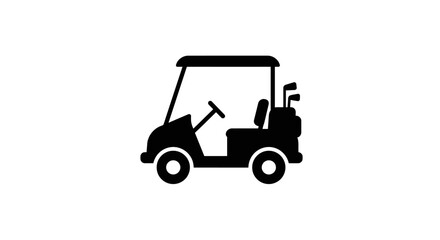 Simple black silhouette of a modern golf cart with clubs in the back on a white background representing a clean and minimalist design