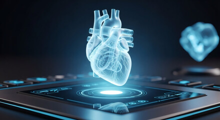 Fototapeta premium A glowing blue holographic human heart model hovers above a futuristic technological platform, suggesting medical innovation and advanced science.