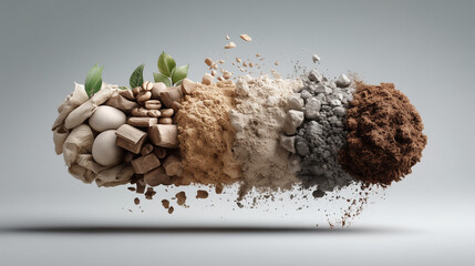 Soil and crop diversity concept with multiple layers of earth and agricultural produce, symbolizing regenerative farming, soil health, and sustainable agriculture for climate-resilient food production