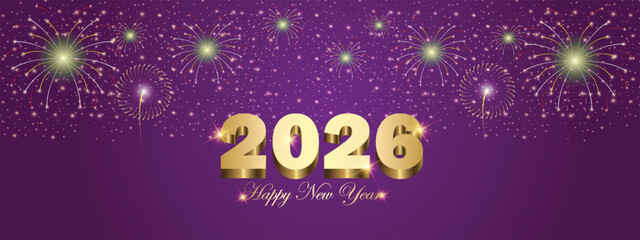 Happy New Year 2026 greetings flyer with Fireworks dim light effect, golden gradient text, New year promotion or invitation template, decorative flyer for new year celebration, vector art illustration
