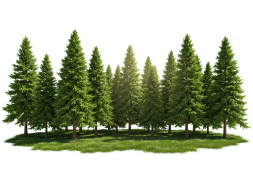 Isolated evergreen trees row, group of conifer trees with ground vegetation, scenery