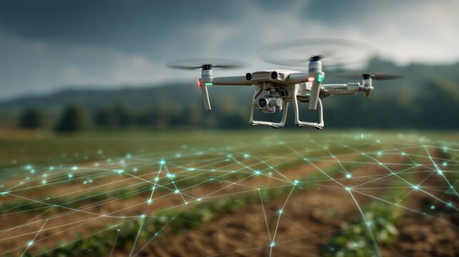 Agricultural drone flying over farmland with digital network overlay, representing precision farming, sustainable agriculture, and advanced agri-tech solutions for efficient crop monitoring