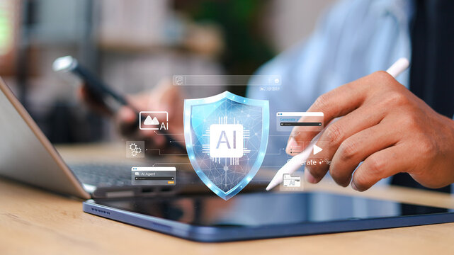 Business person using tablet with virtual AI agents interface overlay. Concept of artificial intelligence, automation, machine learning, chatbot, and digital transformation.