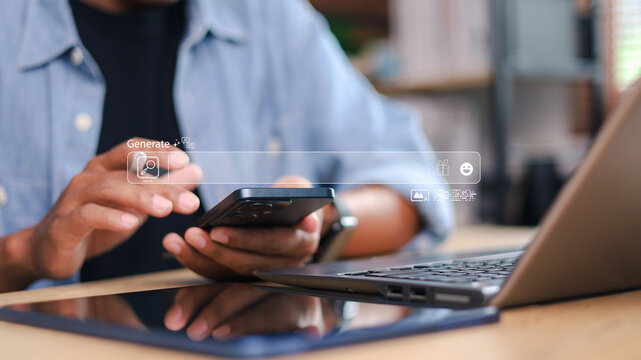 AI search technology concept. Businessman touch search bar on virtual screen. Change online search with generative AI.
