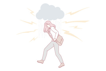 Unhappy young woman surrounded by lightings feeling aggression and rage. Angry mad female struggle with negative emotions and nervous breakdown. Psychological problem. Vector illustration.