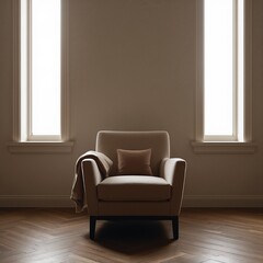 Fototapeta premium Minimalist armchair with natural light from tall windows.