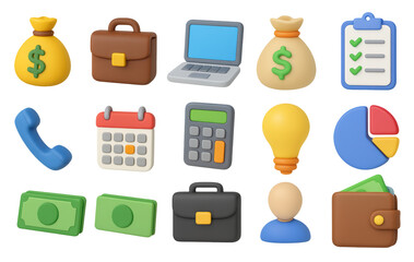 Financial Icons: A collection of various financial-related icons, encompassing a diverse range of elements relevant to business, including a money bag, briefcase, laptop, money, notepad, phone.