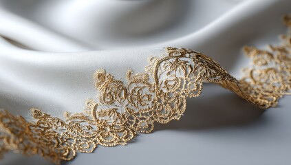 Cream fabric draped, gold lace trim