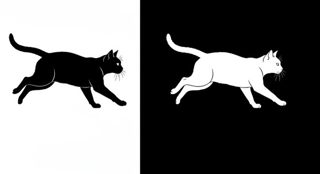 Minimalist black and white illustration, a running cat silhouette 