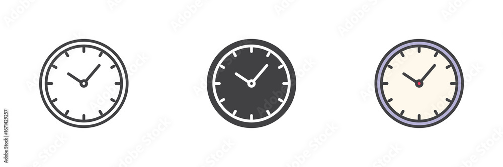 Poster simple clock icon set in line, solid and filled outline style